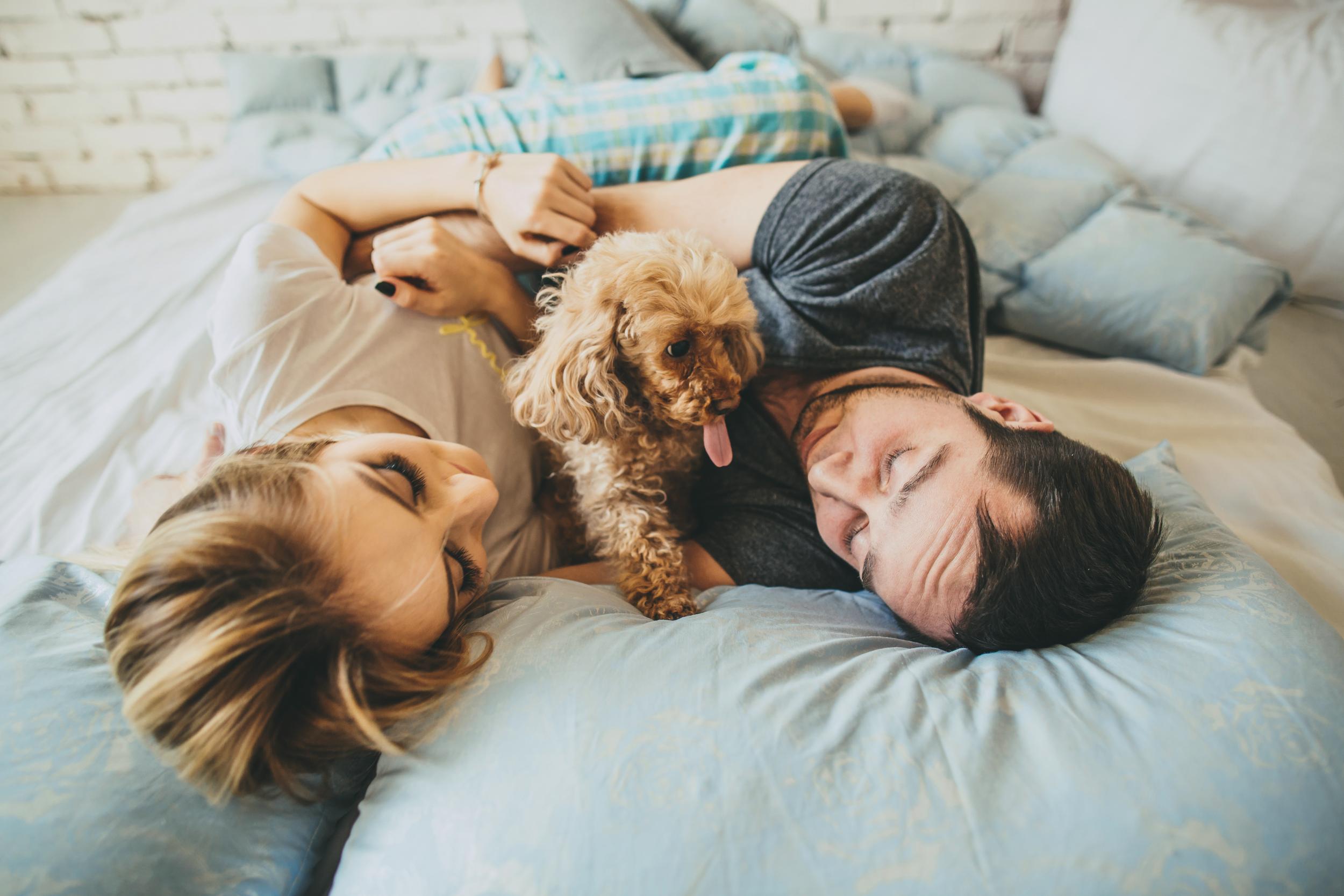 Couple Snuggling with Dog on Bed